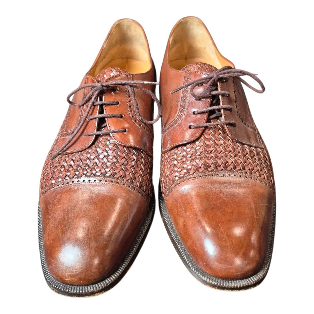 Mezlan Mens 10.5 W Cancun Woven Leather Oxford Dress Shoes Brown Cap Toe Lace Up